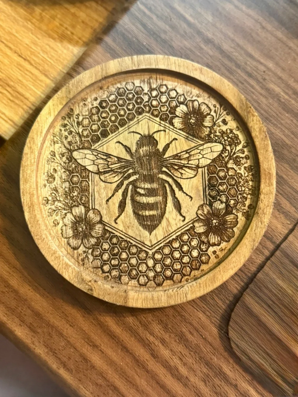 Handcrafted Engraved Acacia Wood Bee Coasters – Set of 4